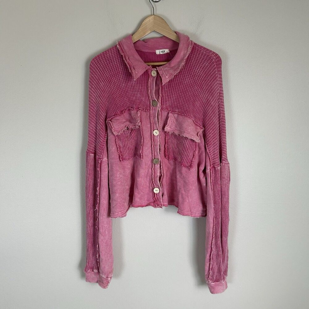 J. HER Waffle Button Up Shirt Top Women L Pink  Acid Wash Boho Oversized